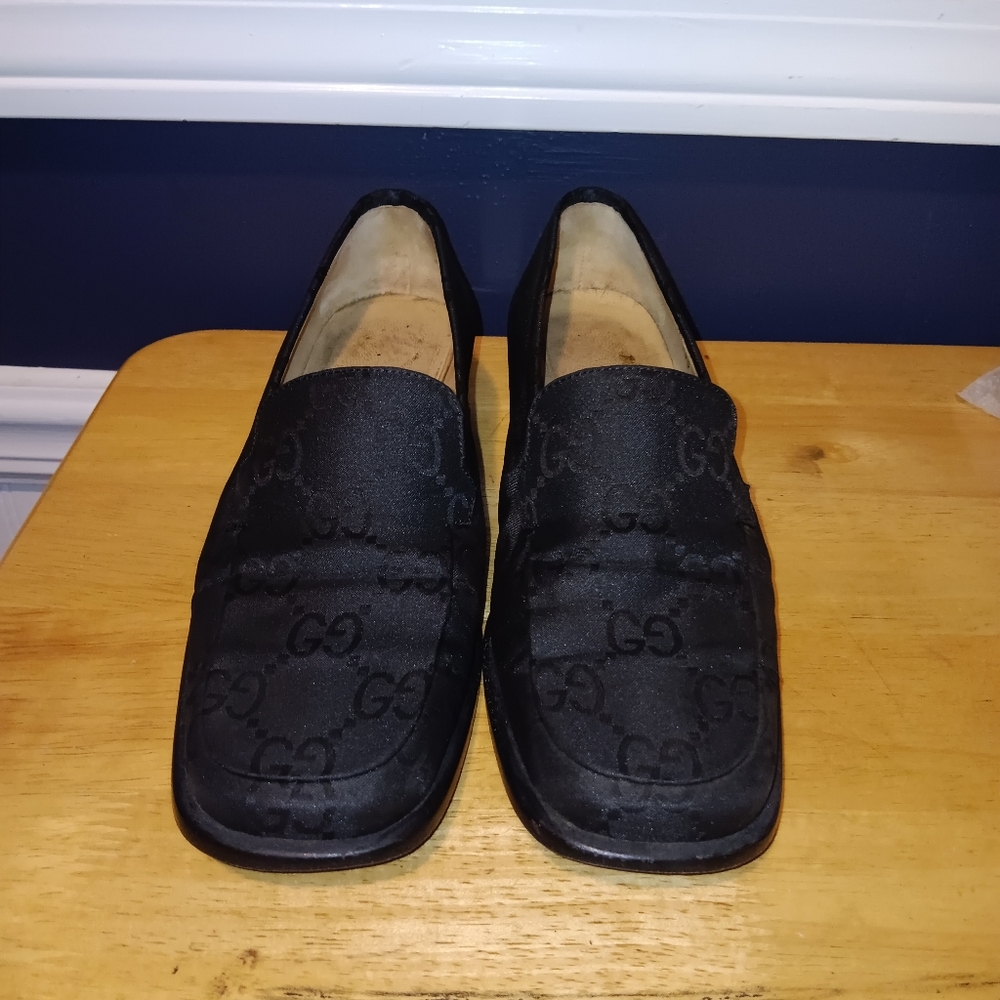 Gucci Black GG Monogram Satin Loafers